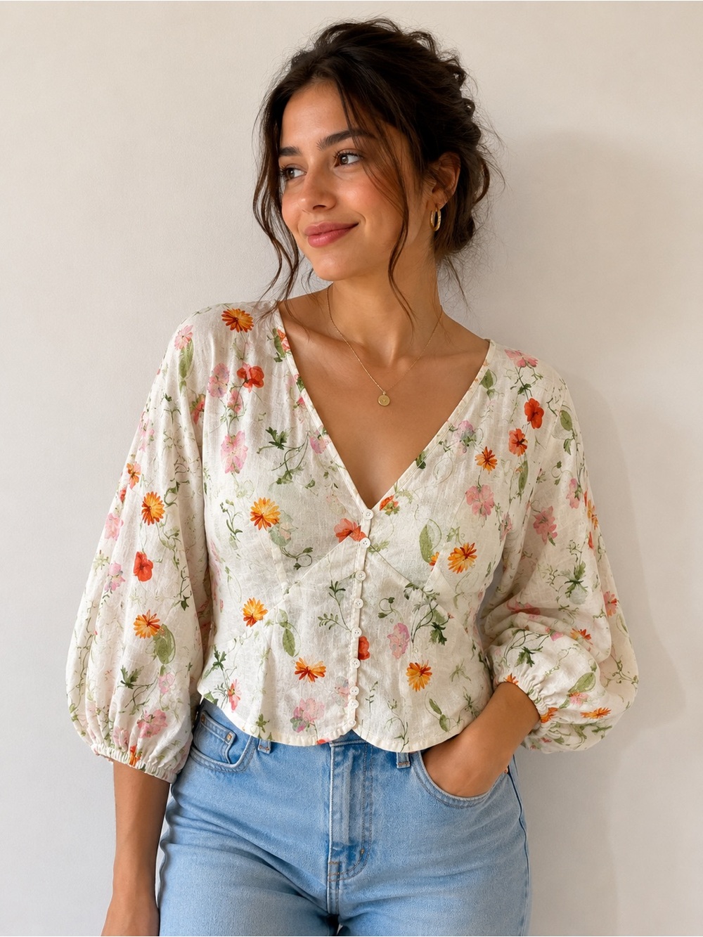 H&M Linen Blend Floral Puff Sleeve Cottagecore Blouse XS - Picture 1 of 7